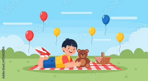 Cheerful Boy Enjoys A Picnic On A Sunny Day With Lots Of Colorful Balloons