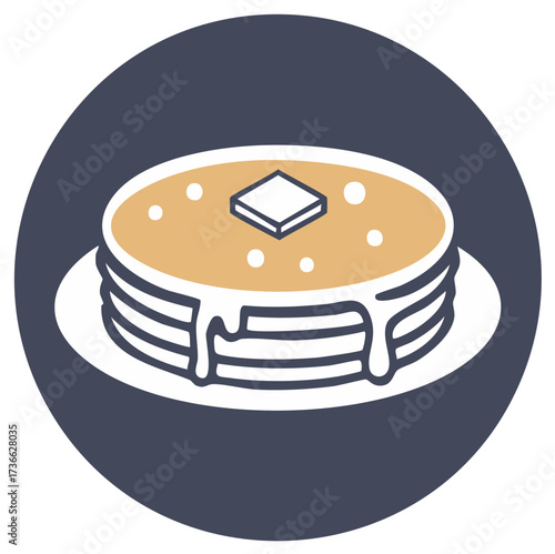 Stack of fluffy pancakes with butter and syrup on a plate, breakfast food graphic symbol, icon