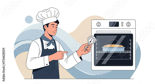 Chef Measuring Oven Temperature While Baking Delicious Dessert In The Kitchen