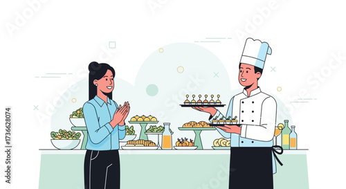 Chef Offering Cuisine to a Guest, Displaying Food on a Buffet Table, Dining Experience