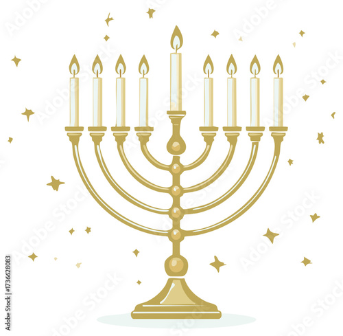 Golden Menorah with Nine Lit Candles Symbolizing the Jewish Holiday Hanukkah
