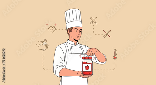 Chef Opening a Jar of Preserved Goods with Culinary Elements and Icons Illustrated