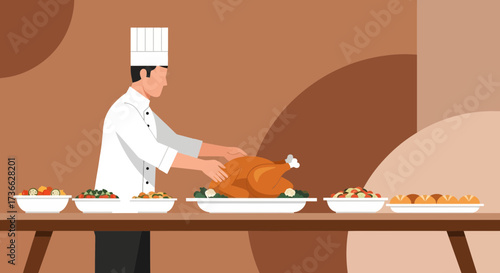 Chef Prepares a Festive Feast Presenting a Delicious Roast Turkey Meal to Serve Guests