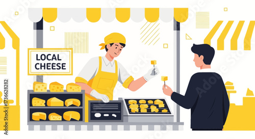 Cheerful Cheese Vendor Offering Tasty Samples To A Customer At A Local Farmers Market
