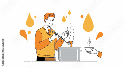 Chef Preparing And Serving Soup, Ready For Consumption In Modern Flat Illustration Style