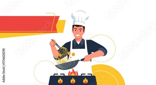 Cheerful Chef Creating Delicious Dish While Cooking Noodles, Professional Image