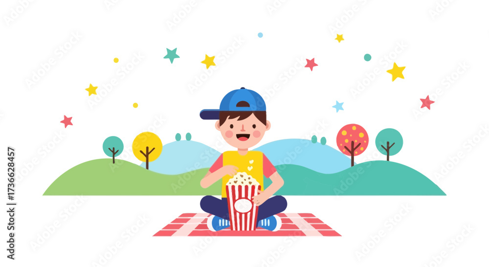 Fototapeta premium Cheerful Child Eating Popcorn on Picnic, Enjoying a Perfect Day Outdoors with Fun