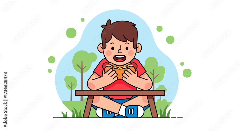 Fototapeta premium Cheerful Child Enjoying A Delicious Hot Dog During A Relaxing Outdoor Picnic