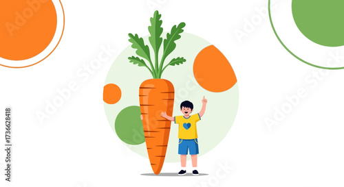 Cheerful Child And Giant Carrot Depiction Promoting Healthy Eating Habits And Vegetables