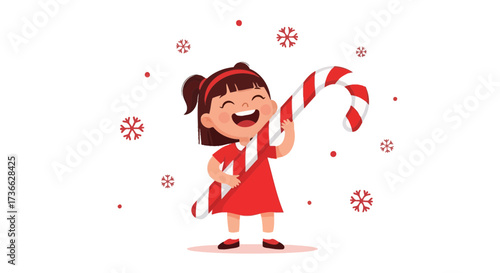 Cheerful Child Christmas Illustration Holding Giant Candy Cane with Red Dress and Snowflakes