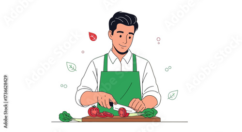 Cheerful Chef Slicing A Tomato Preparing Food On Cutting Board Illustration