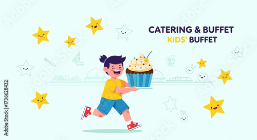 Cheerful Child Carrying Cupcake: Perfect For Kids' Buffet And Catering Advertisement