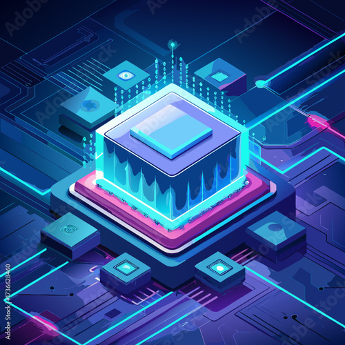 Futuristic glowing computer processor with surrounding data cubes
