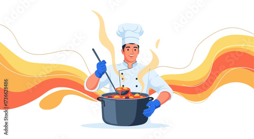 Chef Preparing Delicious Food in a Modern Kitchen Restaurant Illustration
