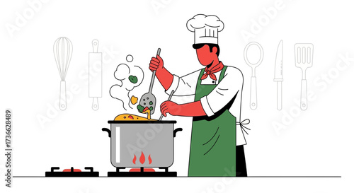 Chef Preparing Delicious Dish In Kitchen With Cooking Utensils And Cookware