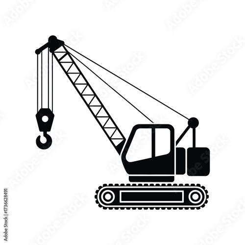 Black silhouette of a crawler crane with hook and boom