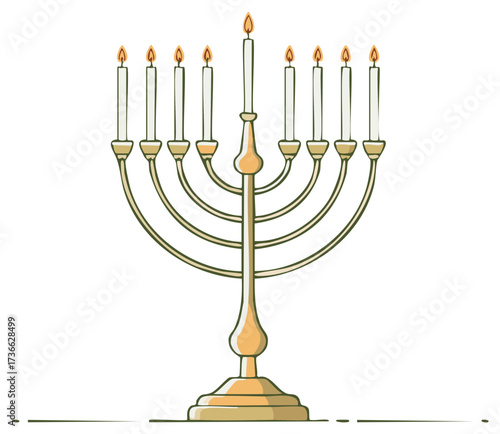 Hanukkah Menorah with Nine Lit Candles Symbolizes Celebration and Tradition