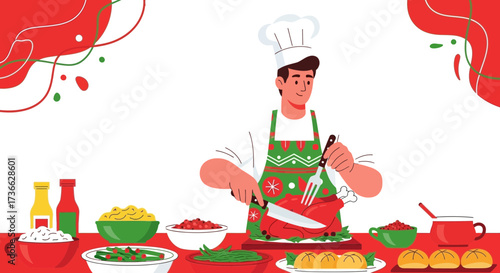 Chef Preparing Festive Feast Featuring Roasted Turkey And Delicious Side Dishes Beautifully