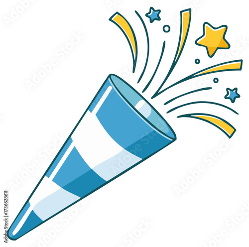 Festive blue striped party popper exploding with colorful confetti ribbons and sparkling stars for celebration