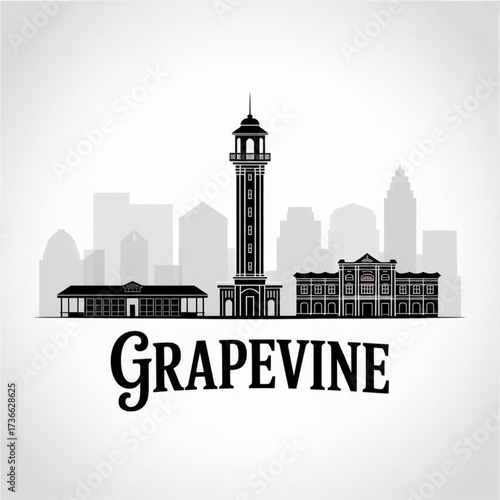 ‎Grapevine Texas Skyline Silhouette — A Historic Wine and Railroad City Vector Illustration