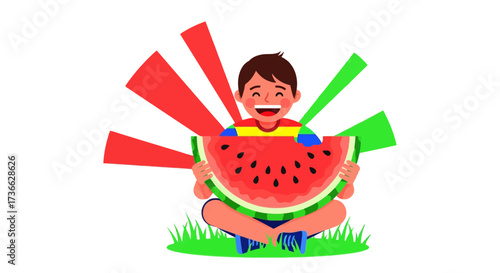 Cheerful Child Enjoying Watermelon Slice With Vibrant Colored Strokes on White