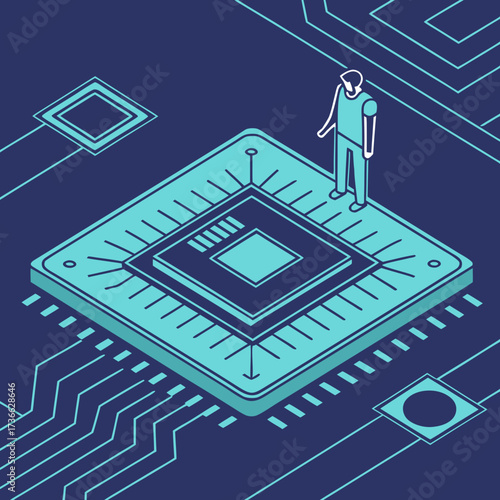 Stylized Human Figure on a Giant Microchip technology