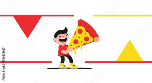 Cheerful Child Holding a Giant Slice of Scrumptious and Delicious Pizza Illustration
