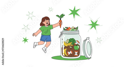Cheerful Child Presenting Fresh Carrot Above Jar Filled With Organic Compost Elements
