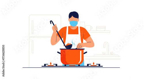 Chef Preparing Food While Wearing Mask Cooking In The Kitchen During Lockdown