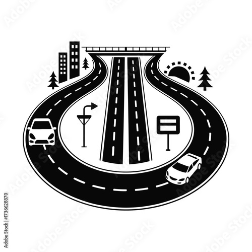Circular highway interchange with cars and cityscape