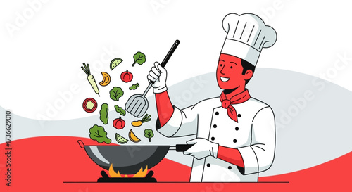 Chef Preparing Fresh Ingredients in Wok with Vibrant Style and Colorful Food Illustrations