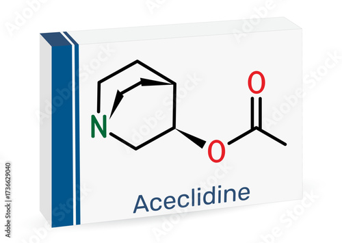 Acelidine molecule. Muscarinic receptor agonist, cholinergic drug used as miotic agent. Skeletal chemical formula. Paper packaging for drugs. Vector illustration