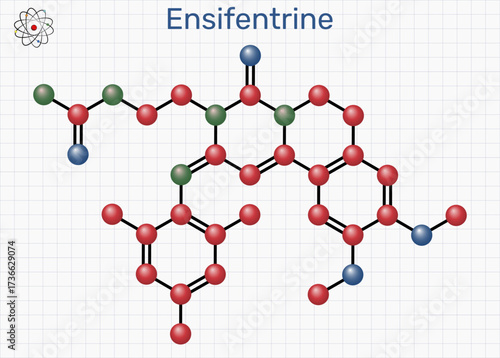 Ensifentrine molecule. Dual PDE3 and PDE4 inhibitor investigated for treatment of COPD and asthma. Molecular model, sheet of paper in a cage. Vector illustration