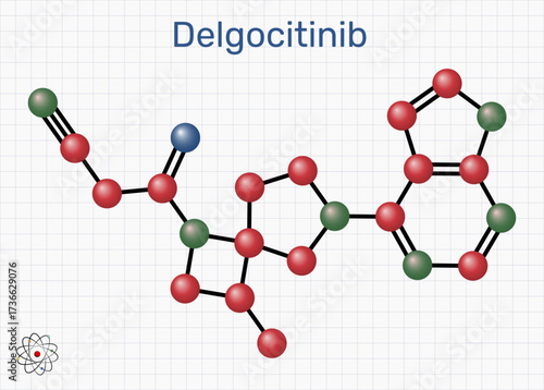 Delgocitinib molecule. Topical pan-JAK inhibitor for atopic dermatitis (eczema) treatment. Molecular model. Sheet of paper in a cage. Vector illustration