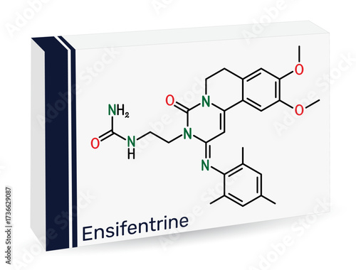 Ensifentrine molecule. Dual PDE3 and PDE4 inhibitor investigated for treatment of COPD and asthma. Skeletal chemical formula. Paper packaging for drugs. Vector illustration
