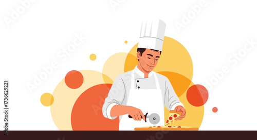 Chef Preparing Freshly Baked Pizza With Pizza Cutter and Ingredients Illustration