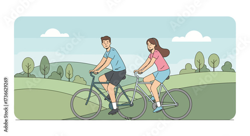 Cheerful couple riding bicycles in the park, enjoying a sunny day and leisure time