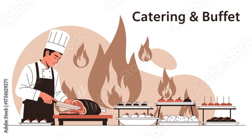 Chef Preparing Meal At Catering Buffet With Flame Design And Various Food Items
