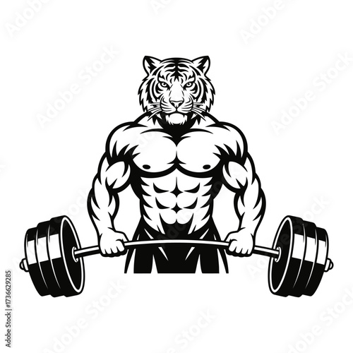 Muscular tiger bodybuilder lifting weights in black and white