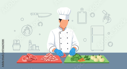 Chef Preparing Ingredients in Kitchen, Ready for Cooking, Vector Illustration