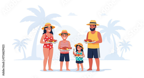 Cheerful Family Enjoying a Beachside Meal Under the Tropical Sun, Eating Together