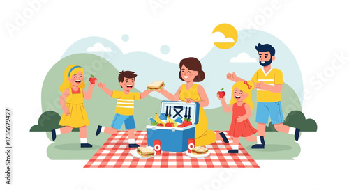 Cheerful Family Enjoying a Sunny Day Picnic Outdoors with Food and Refreshments