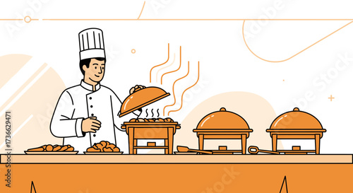 Chef Presenting Culinary Delights at a Catering Event or Buffet with Hot Prepared Meals