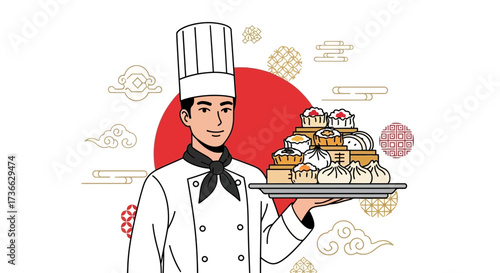 Chef Presenting A Tray Of Dumplings And Asian Cuisine Style Food For Restaurant Serving