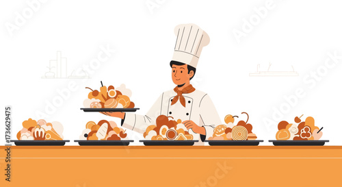 Chef Presenting Array Of Food Dishes With Stylish Presentation Ideal For Restaurants