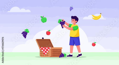 Cheerful Display Of Fruits By Youngster Offering Refreshing Picnic Basket Items