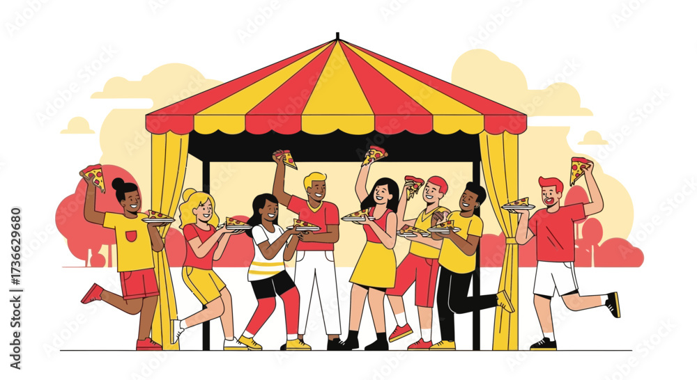 Obraz premium Cheerful Friends Celebrating Under Circus Stall Eating and Enjoying Pizza, Fun Time