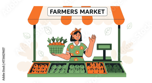 Cheerful Farmer Welcomes Customers At Vibrant Farmers Market Stall With Fresh Produce