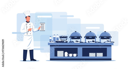 Chef Presenting Menu Near Buffet Table Showcasing Culinary Delights Design Illustration