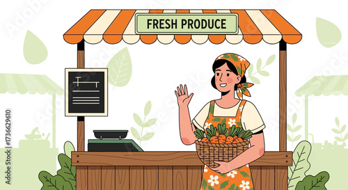 Cheerful Farmer Woman At Fresh Produce Market Stall Offering Fresh Carrots
